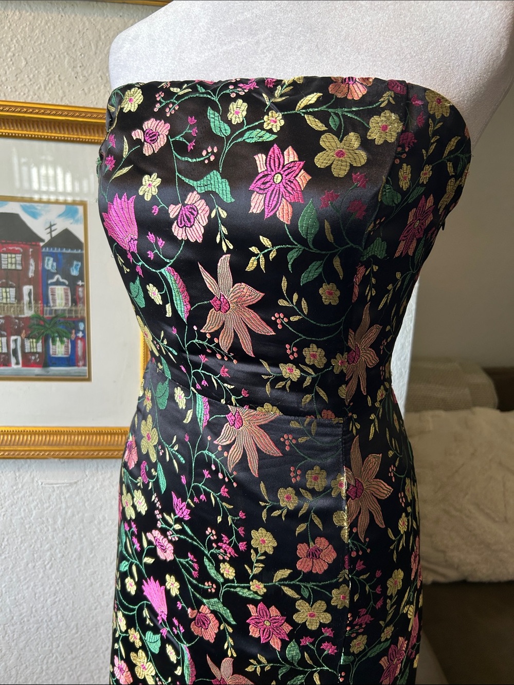Lulus Iridescent Strapless Floral Midi Dress in Black with Pink & Gold Accents